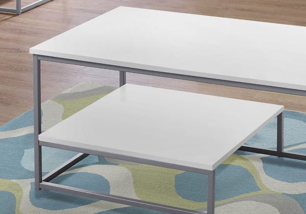 HomeRoots Set of Three 42" Modern White & Silver Metal Coffee Tables with Shelf for Stylish Living Room Decor 366093