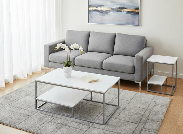 HomeRoots Set of Three 42" Modern White & Silver Metal Coffee Tables with Shelf for Stylish Living Room Decor 366093