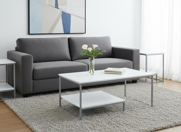 HomeRoots Set of Three 42" Modern White & Silver Metal Coffee Tables with Shelf for Stylish Living Room Decor 366093