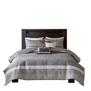 English Elm 6 Piece Reversible Jacquard Quilt Set with Embroidered Decorative Pillows, Chic Stripe Design Grey+Taupe 23.03 L x 17.91 W x 11.42 H B03597478