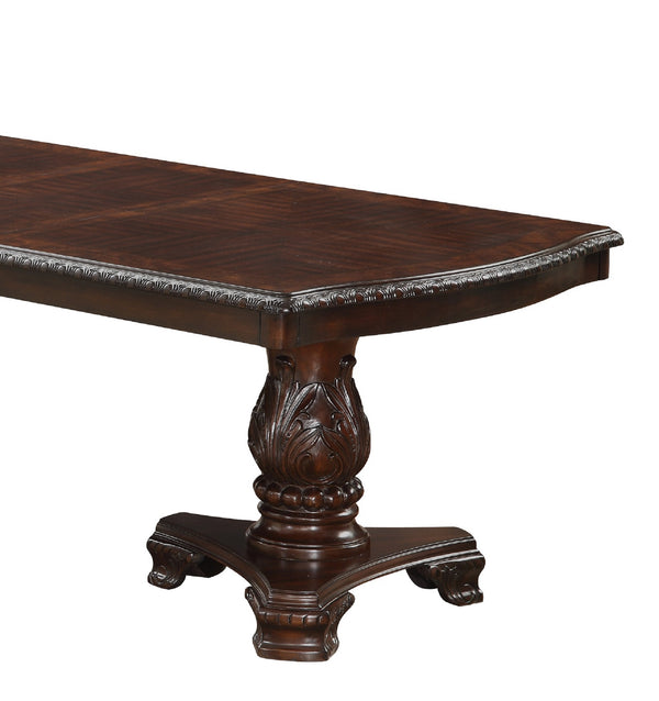 English Elm Formal 9pc dining set with extendable 18" leaf, carved double pedestal table and upholstered chairs Brown 74.5 L x 47.5 W x 9.5 H B2741S00549