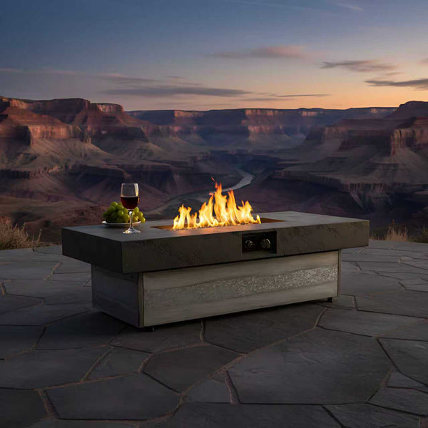 English Elm Outdoor Firepit Table Cement Grey 48x24 Rectangle 50,000 BTU Propane Adjustable Height Modern Design W853P368309