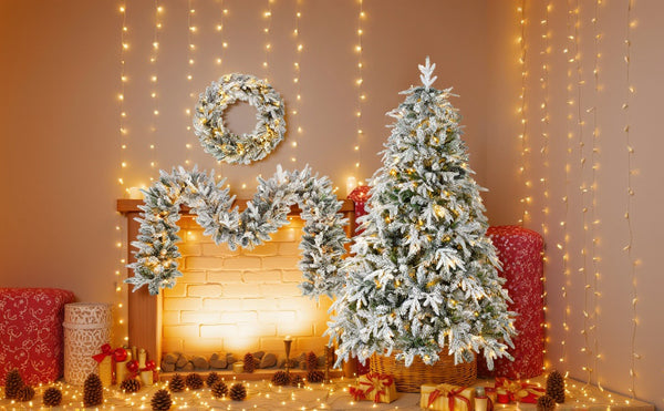 English Elm Christmas Snow Flocked Wreath Set with 9ft Garland & 6ft Tree, Warm LED Lights, 3-Piece Indoor Decor (100) PX283313AAW