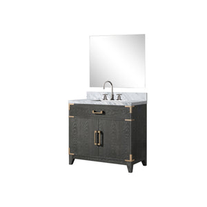 English Elm Black Oak Single Bath Vanity Set With Carrara Marble Top, 34" Mirror & Chrome Faucet For Elegant Style B2731S02219
