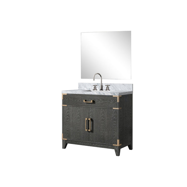 English Elm Black Oak Single Bath Vanity Set With Carrara Marble Top, 34" Mirror & Chrome Faucet For Elegant Style B2731S02219