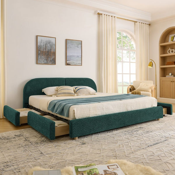 English Elm King Upholstered Storage Bed Curved Headboard Circle Yarn Fabric Modern Minimalist Frame Green W487S00471