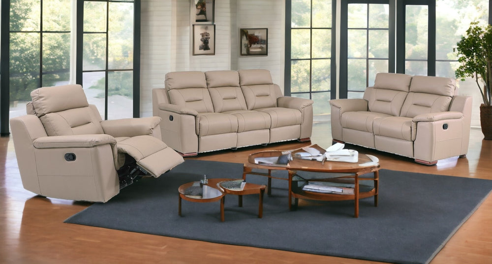 HomeRoots Three Piece Indoor Beige Genuine Leather Seating Set for 5 - Comfort, Style & Storage Solutions! 366193