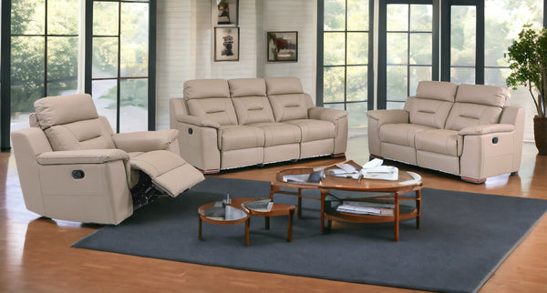 Homeroots Three Piece Indoor Beige Genuine Leather Five Person Seating Set Beige  366193