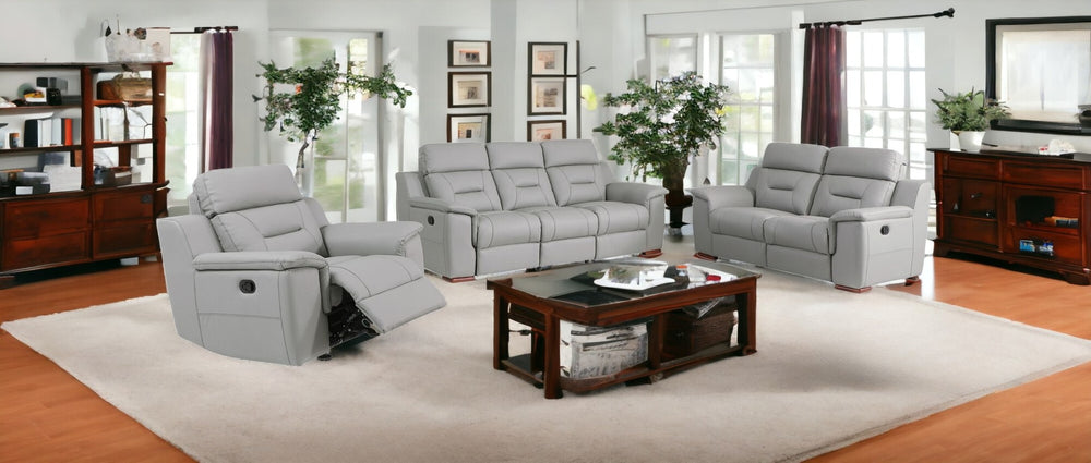 HomeRoots Three Piece Indoor Gray Genuine Leather Seating Set for Five - Comfort, Style & Storage Included! 366195