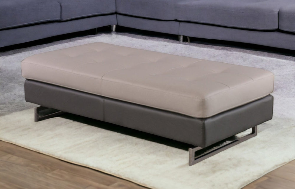 HomeRoots 63" Taupe Brown & Silver Tufted Ottoman - Modern Faux Leather, Multi-Functional for Any Space 366197