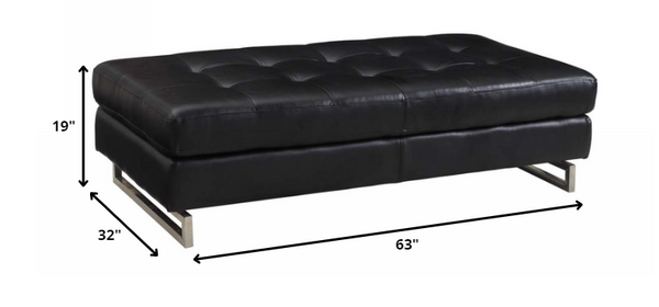 Homeroots 63" Black Faux Leather And Silver Ottoman Black  366199