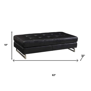 HomeRoots 63" Black Tufted Faux Leather Ottoman with Silver Legs - Modern, Versatile Seating for Any Room 366199
