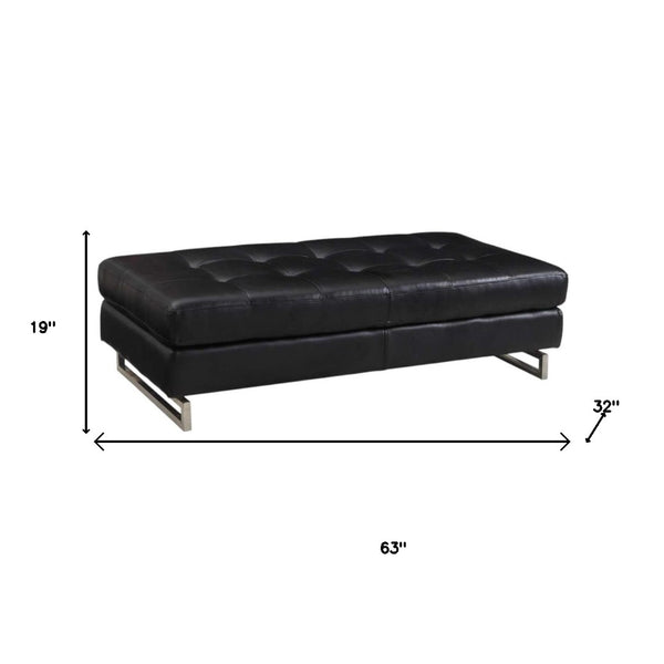 HomeRoots 63" Black Tufted Faux Leather Ottoman with Silver Legs - Modern, Versatile Seating for Any Room 366199
