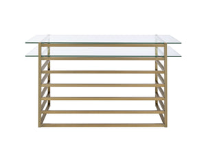 English Elm Shona Tempered Glass Writing Desk with Antique Brass Sled Base for Modern Offices B2726P457136