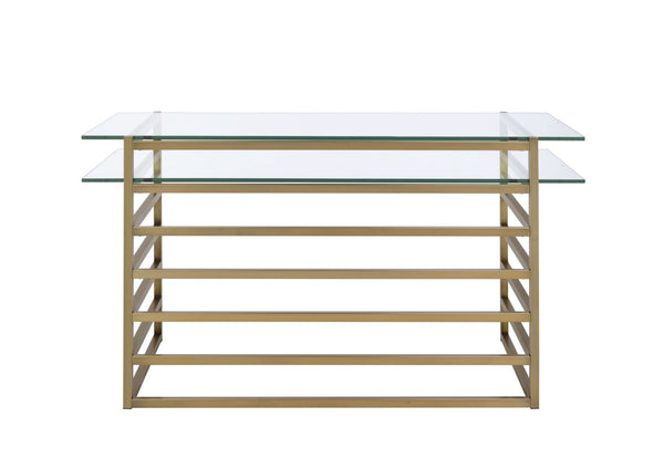 English Elm Shona Tempered Glass Writing Desk with Antique Brass Sled Base for Modern Offices B2726P457136