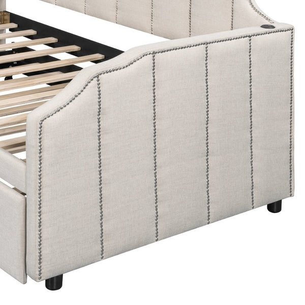 English Elm Twin Linen Upholstered Daybed with Pop up Trundle and Built in Usb Charging Beige SF000199AAA