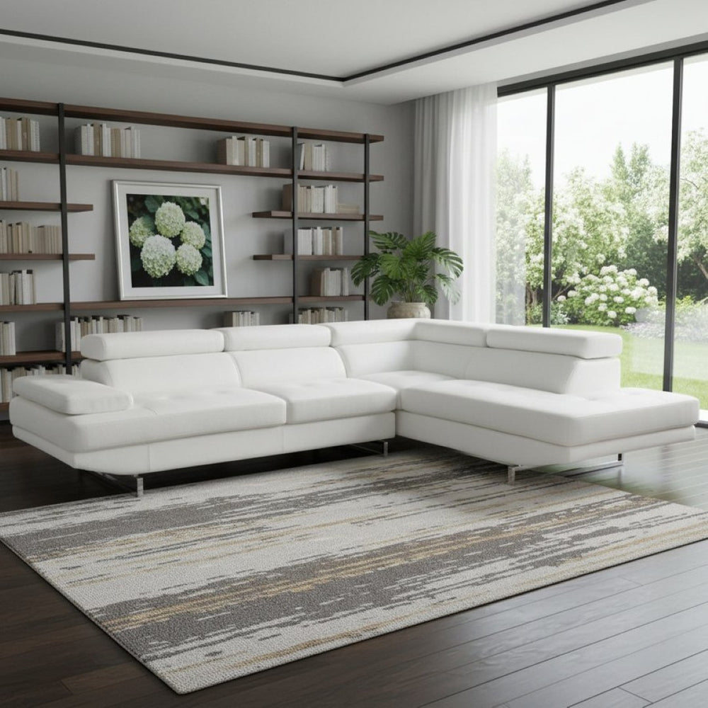 HomeRoots White Leather L-Shaped Corner Sectional Sofa – Luxurious Comfort and Contemporary Design for Any Room GREY 366200