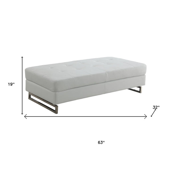HomeRoots 63" White Faux Leather Ottoman with Silver Geometric Legs - Stylish, Multi-Purpose Comfort Solution 366201