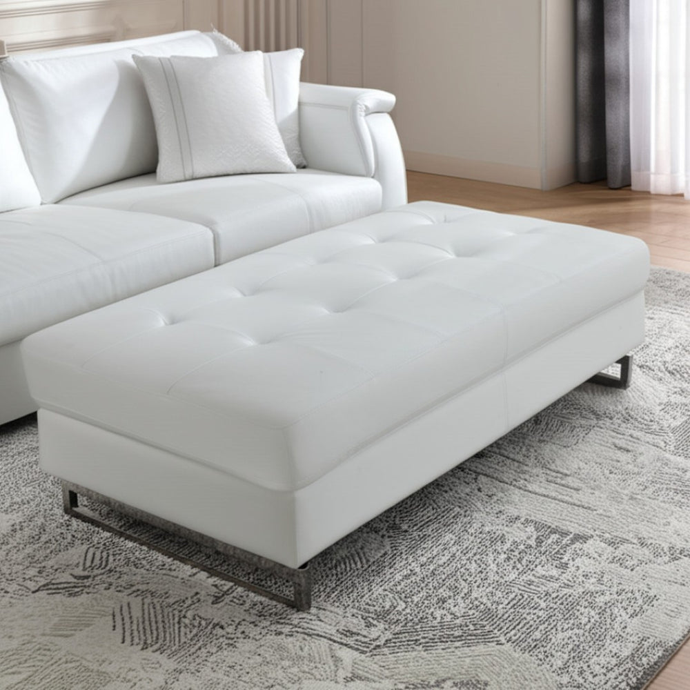 HomeRoots 63" White Faux Leather Ottoman with Silver Geometric Legs - Stylish, Multi-Purpose Comfort Solution 366201