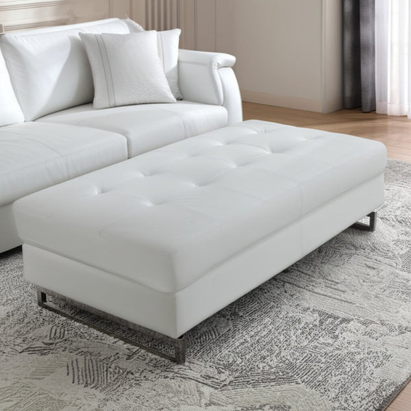 HomeRoots 63" White Faux Leather Ottoman with Silver Geometric Legs - Stylish, Multi-Purpose Comfort Solution 366201