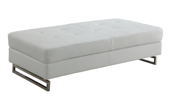 HomeRoots 63" White Faux Leather Ottoman with Silver Geometric Legs - Stylish, Multi-Purpose Comfort Solution 366201