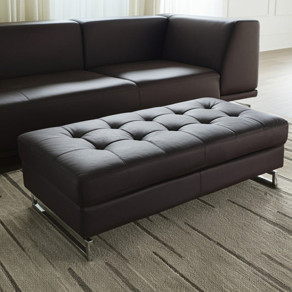 HomeRoots 63" Brown Faux Leather Tufted Ottoman with Silver Metal Legs - Stylish, Versatile, and Comfortable! 366203