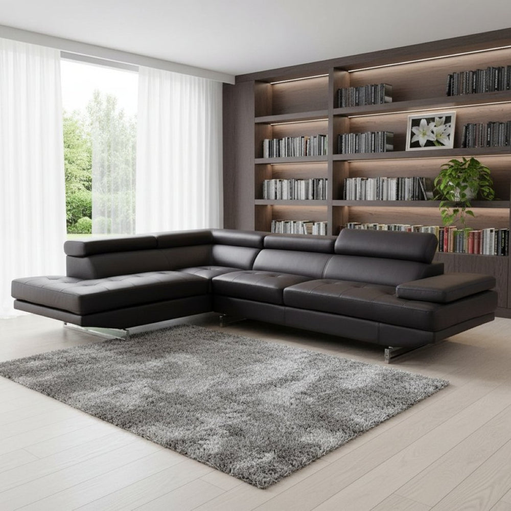 HomeRoots Black Leather L-Shaped Corner Sectional Sofa - Luxurious Comfort, Modern Design, and Versatile Style BROWN 366221