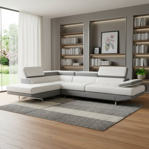 HomeRoots White Leather L-Shaped Corner Sectional Sofa - Luxurious Comfort, Modern Design, Seats 3 Stylishly GREY 366222