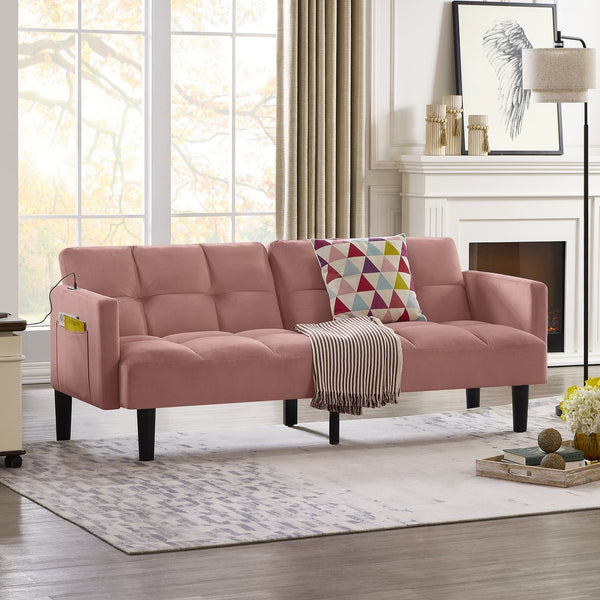 English Elm Velvet Convertible Futon Sofa Bed with Adjustable Back, Plush 9" Cushion, Eucalyptus Frame for Apartments Pink W1413P332830