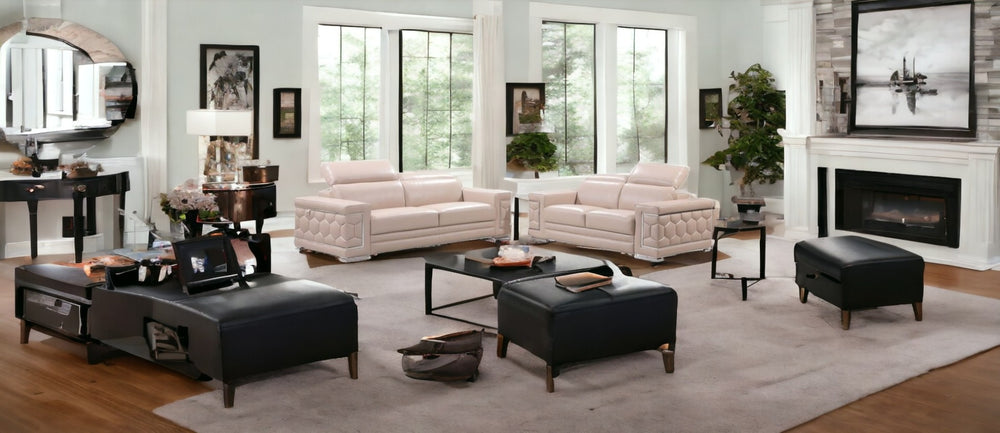 HomeRoots Two Piece Indoor Beige Italian Leather Seating Set for 5 – Stylish Comfort & Modern Elegance 366253