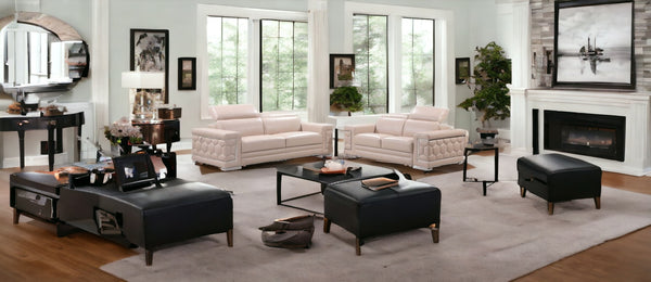 Homeroots Two Piece Indoor Beige Italian Leather Five Person Seating Set Beige  366253