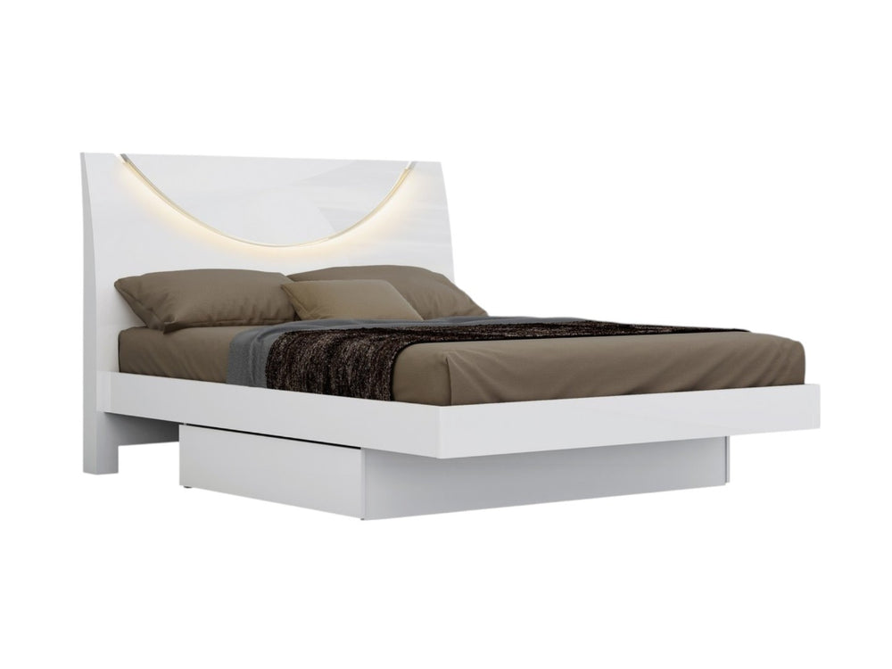 HomeRoots Four-Piece White Bedroom Set - Modern Solid Wood Bed, Nightstand, Dresser & Mirror for Storage 366261