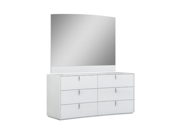 HomeRoots Four-Piece White Bedroom Set - Modern Solid Wood Bed, Nightstand, Dresser & Mirror for Storage 366261