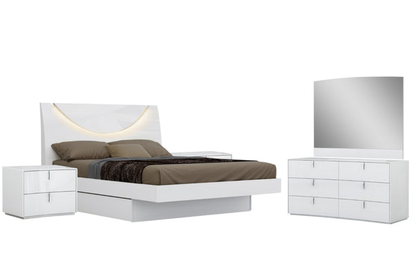 HomeRoots Four-Piece White Bedroom Set - Modern Solid Wood Bed, Nightstand, Dresser & Mirror for Storage 366261
