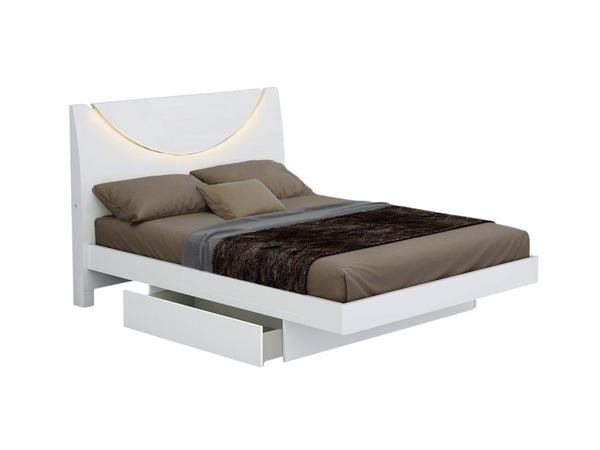 HomeRoots Four-Piece White Bedroom Set - Modern Solid Wood Bed, Nightstand, Dresser & Mirror for Storage 366261