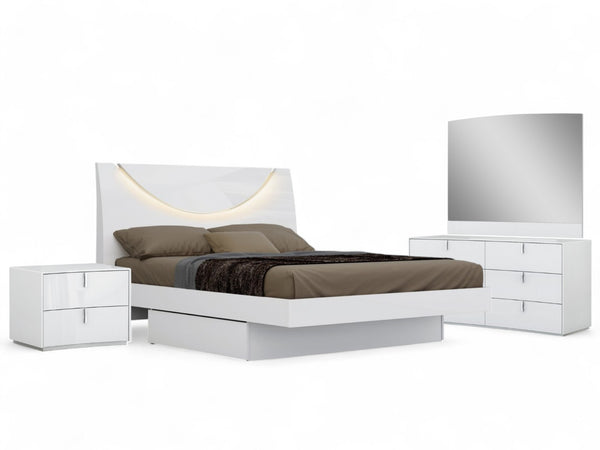 HomeRoots Four Piece White Bedroom Set with Mirror - Modern Solid & Manufactured Wood Furniture Ensemble 366263