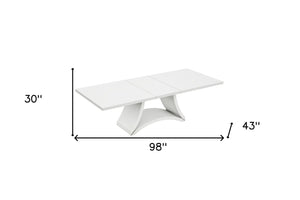 HomeRoots 98" White Dining Table - Contemporary High-Gloss Design with Pedestal Base for Elegant Entertaining 98" X 43" X 30" 366264