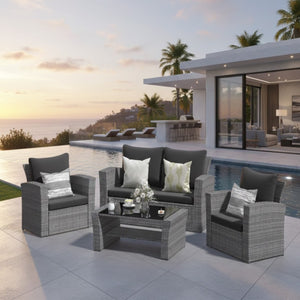English Elm 4-piece Outdoor Wicker Conversation Set with Tempered Glass Table and Resort Style Black+Brown B082S00058