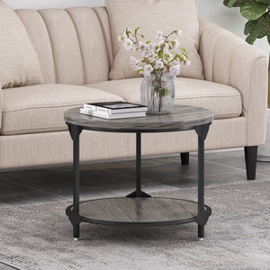 English Elm Christopher Knight Home® - COFFEE Lenka Modern Industrial Round Coffee Table - Gray Faux Wood Top, Black Iron Frame, Shelf Durable Design 67506.00GRY