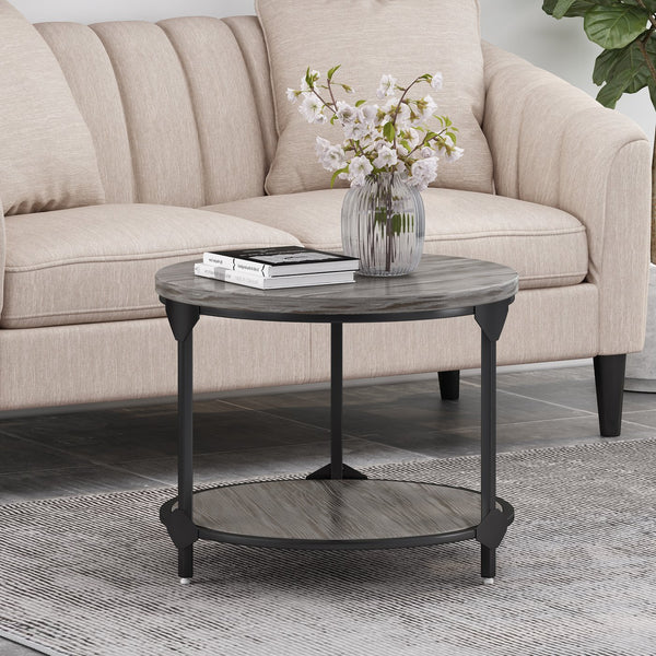 English Elm Christopher Knight Home® - COFFEE Lenka Modern Industrial Round Coffee Table - Gray Faux Wood Top, Black Iron Frame, Shelf Durable Design 67506.00GRY