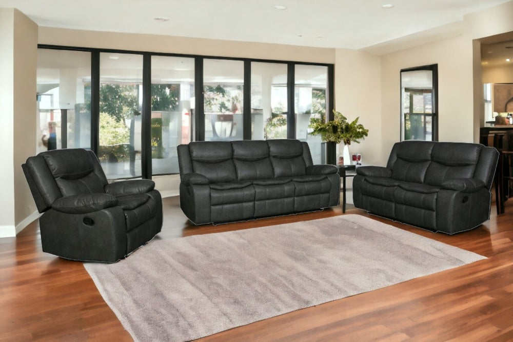 HomeRoots Three-Piece Indoor Gray Microsuede Seating Set for 5 - Cozy Reclining Sofa & Stylish Loveseat 366303