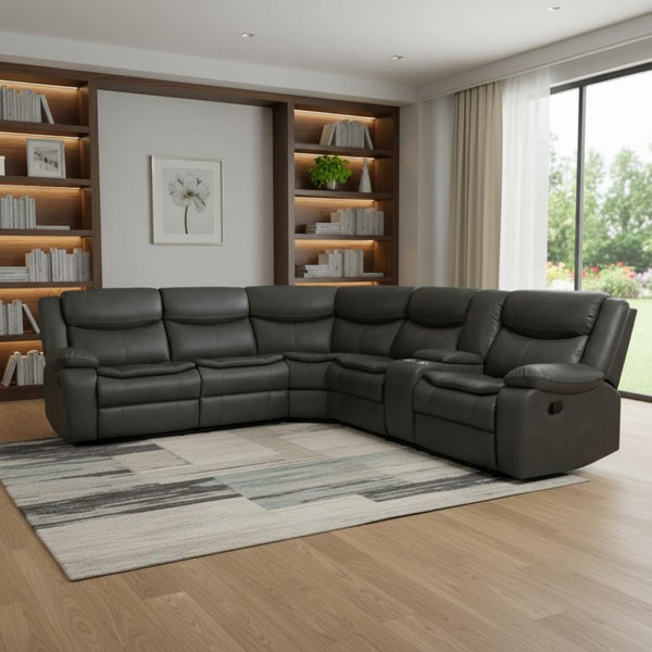 HomeRoots Gray Corner Sectional Sofa - U-Shaped Three-Piece Design with Reclining Seats and Built-In Console GREY 366310