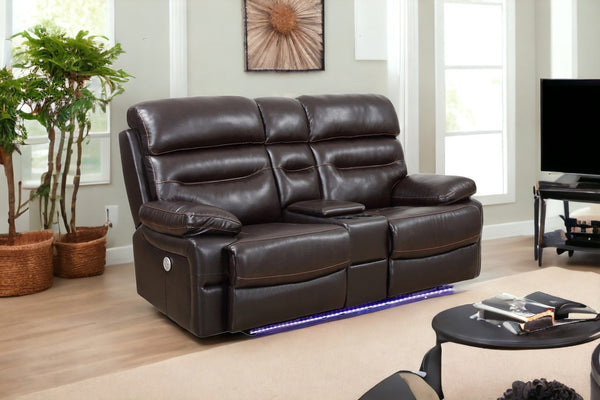 Homeroots 78" Brown Faux Leather Power Reclining Love Seat With Storage   366312