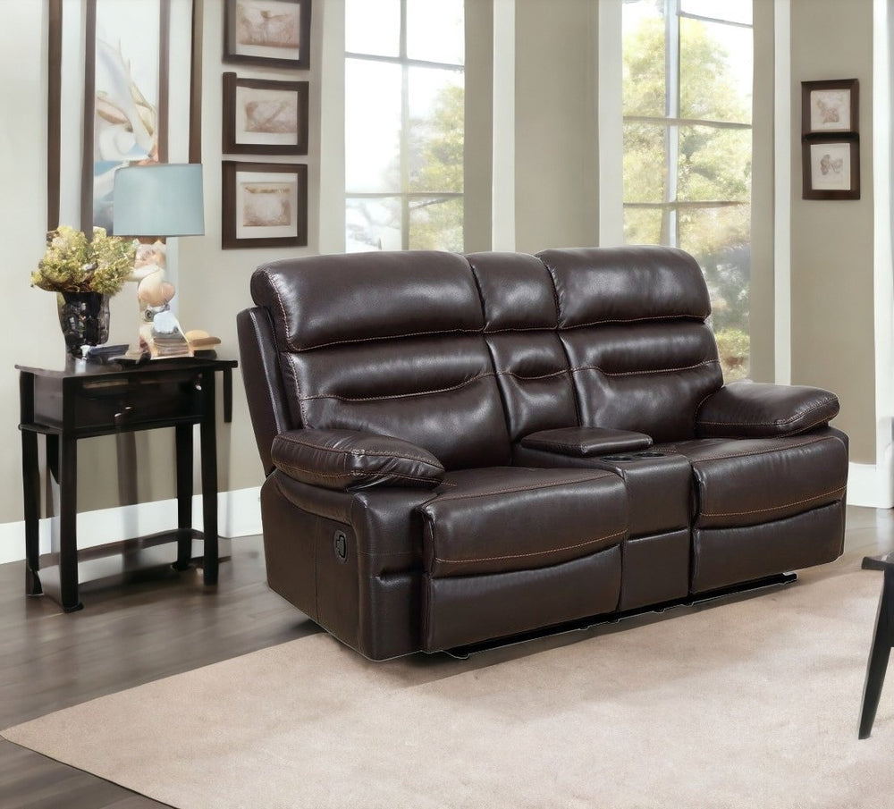Homeroots 78" Brown Faux Leather Manual Reclining Love Seat With Storage   366322