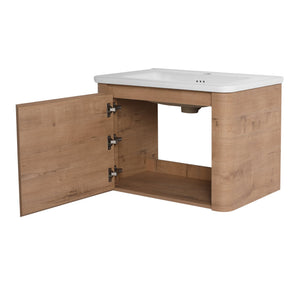English Elm 52'' Wall-Mounted Vanity with White Ceramic Sink, Soft-Close Door, Plywood Shelves & Rounded Edges Imitative Oak W999S00431