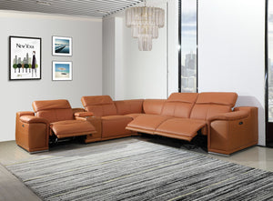 Homeroots Camel Italian Leather Power Reclining U Shaped Six Piece Corner Sectional With Console Camel  366351
