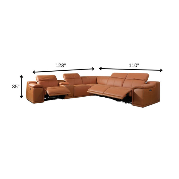 HomeRoots Camel Italian Leather U-Shaped Power Reclining Sectional with Console for Luxurious Comfort CAMEL 366351