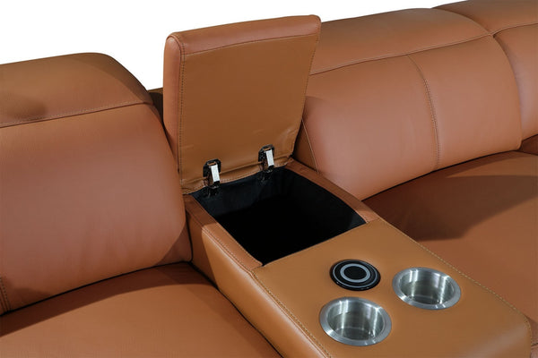 Homeroots Camel Italian Leather Power Reclining U Shaped Six Piece Corner Sectional With Console Camel  366351