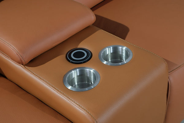 Homeroots Camel Italian Leather Power Reclining U Shaped Six Piece Corner Sectional With Console Camel  366351