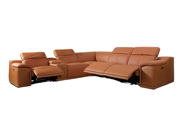 Homeroots Camel Italian Leather Power Reclining U Shaped Six Piece Corner Sectional With Console Camel  366351